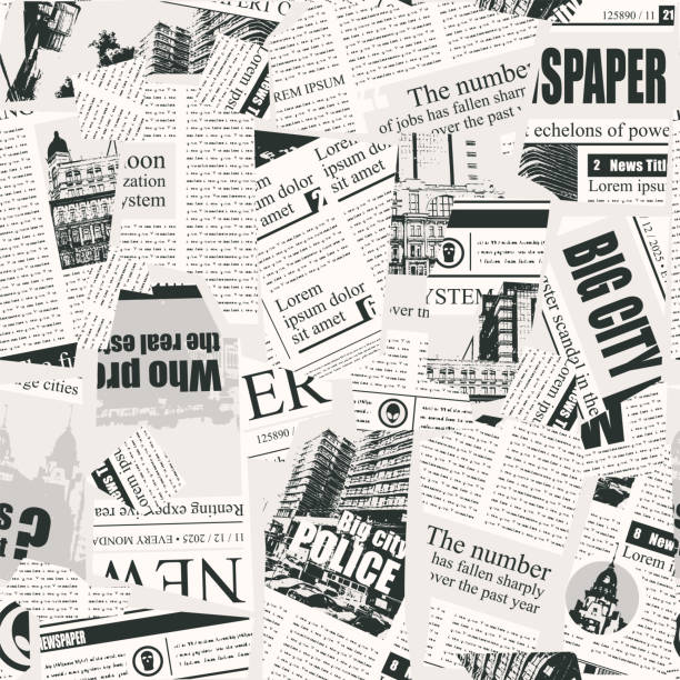 Seamless pattern with a collage of newspaper or magazine clippings. Retro style vector background with titles, illustrations and imitation text. Suitable for wallpaper design, wrapping paper, fabric