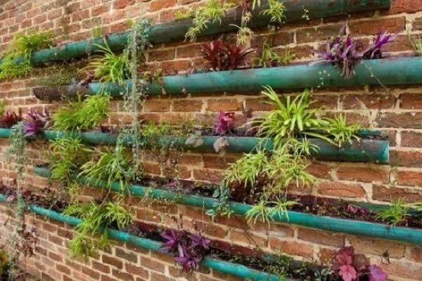 rain-gutter-garden on a red brick wall