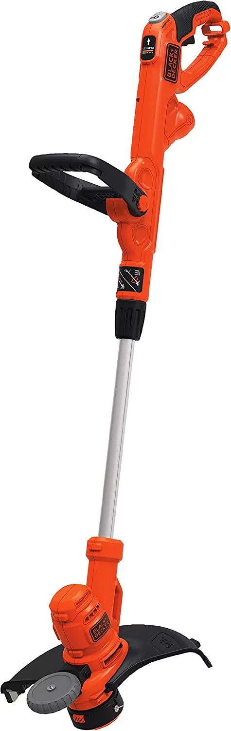 An orange cordless string trimmer against a white background.