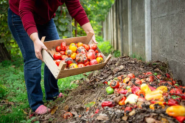 Color image depicting a mid adult woman emptying a wooden crate full of rotten tomatoes onto the compost heap at the bottom of the garden. Room for copy space.