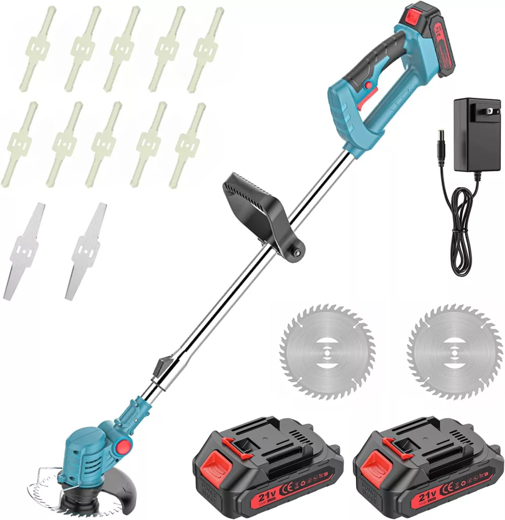 A blue cordless weed whacker on a white background with accessories.