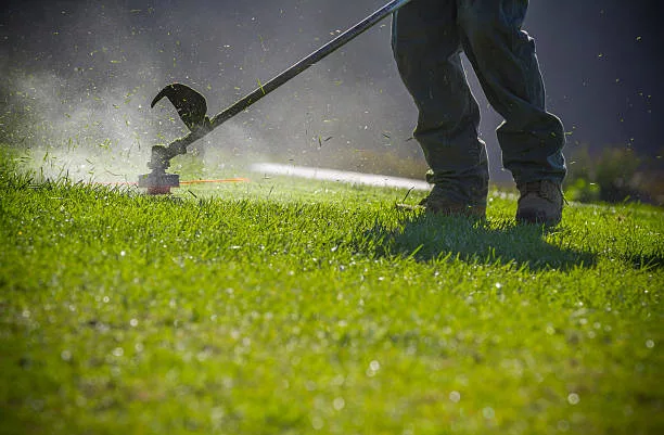 A close up of a weedwacker cutting grass.