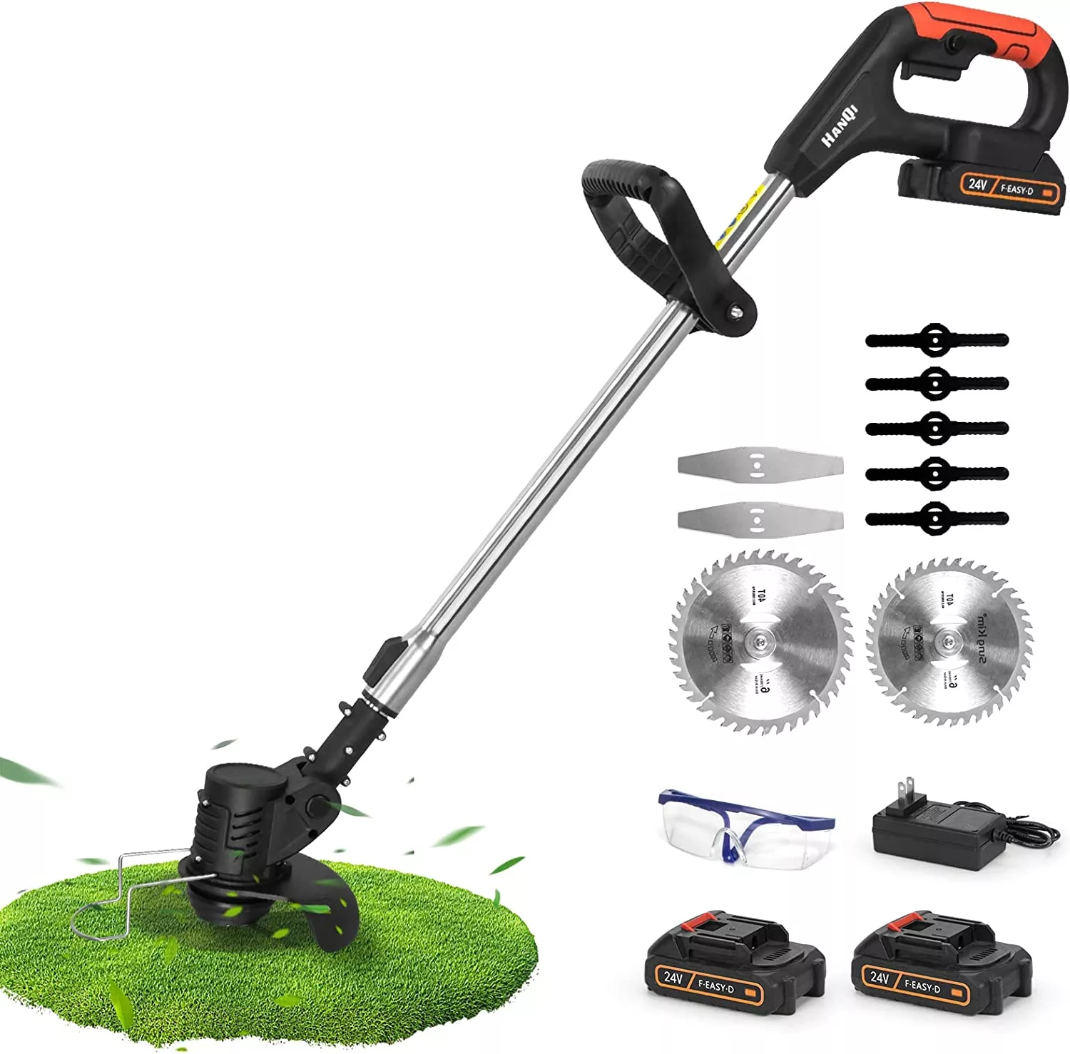 A weed whacker cutting a fake piece of grass showing multiple different accessories against a white background.