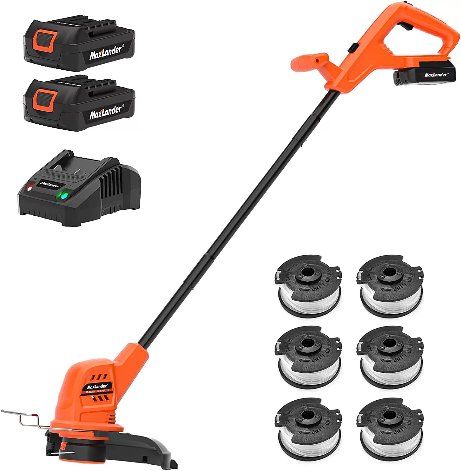 Orange cordless weed whacker with 6 trimmer spools and two batteries against a solid white background.