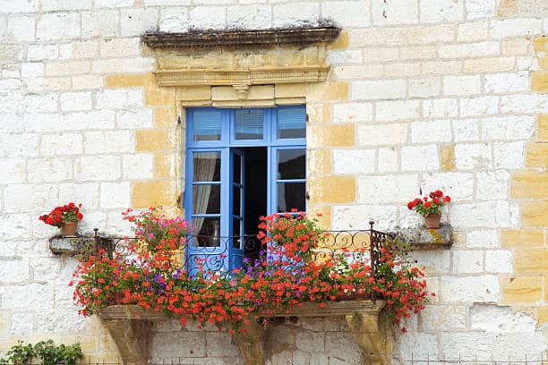 window boxes with red colorful flowers