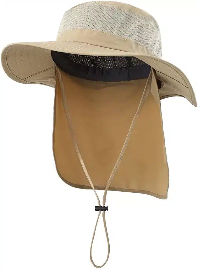 A tan colored mesh gardening/fishing hat with a neck flap against a plain white background.