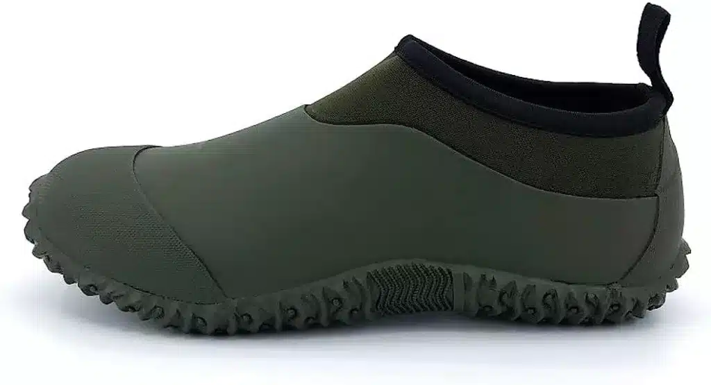 Side view of a green and black slip on neoprene and rubber soled shoe.