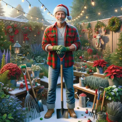 A-photo-realistic-image-of-a-gardener-in-a-Christmas-themed-garden