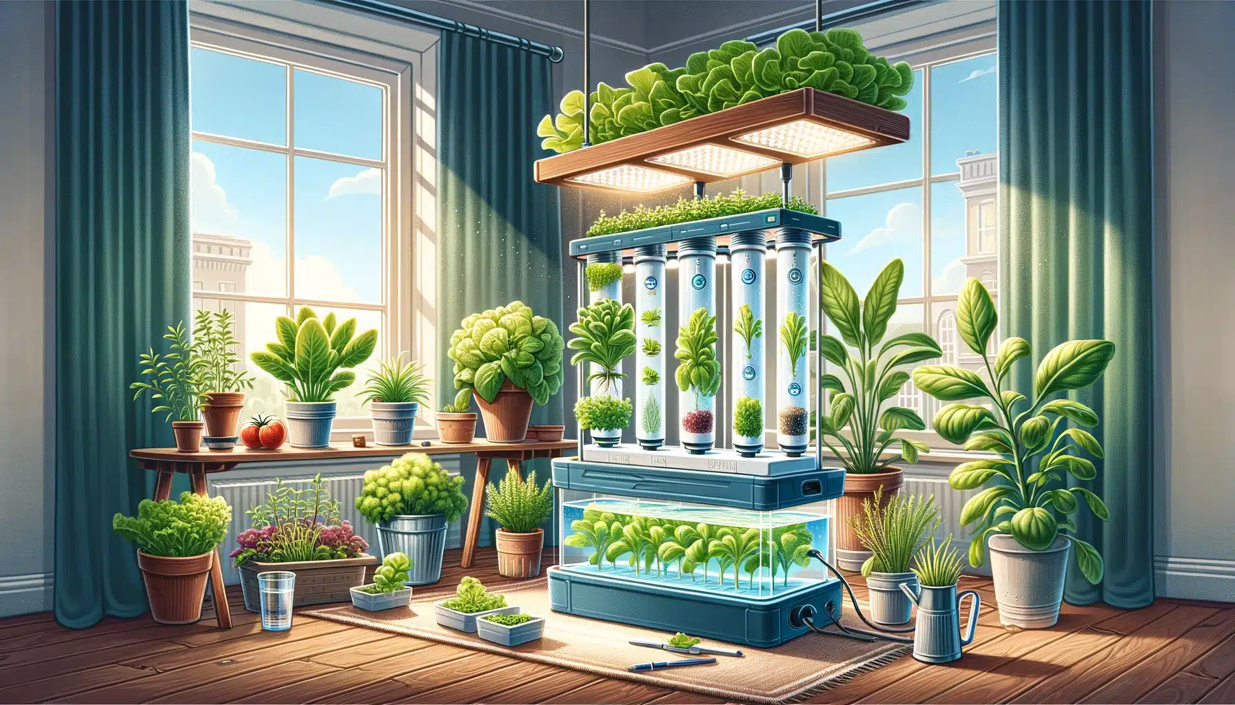 An AI generated image of plants inside a room with sunlight coming through 2 glass windows.