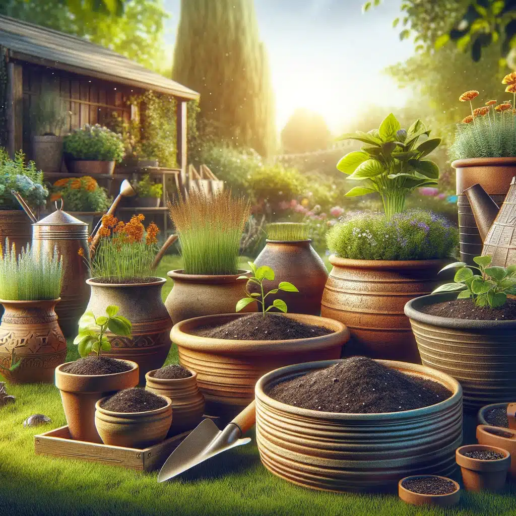 An AI generated image of pots in plants in a beautiful garden with an old wooden house in the background.